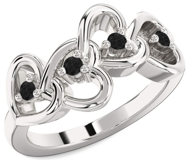 Black Diamond Silver Heart Four Stone Ring