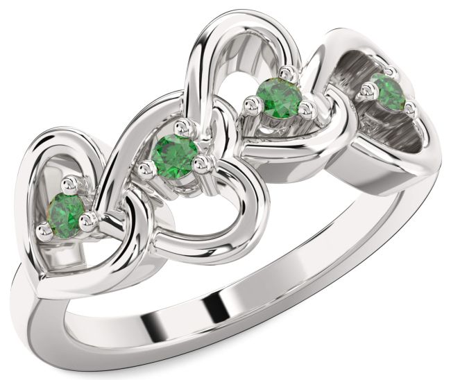Emerald Silver Heart Four Stone Birthstone Ring
