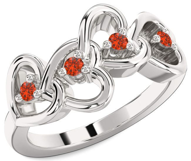 Fire Opal Silver Heart Four Stone Ring