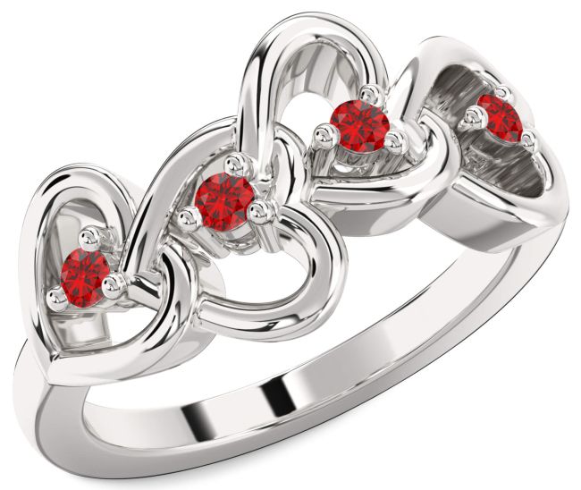 Ruby Silver Heart Four Stone Birthstone Ring