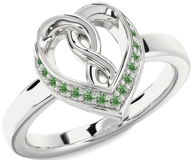 Green Diamond Silver Heart Infinity Ring