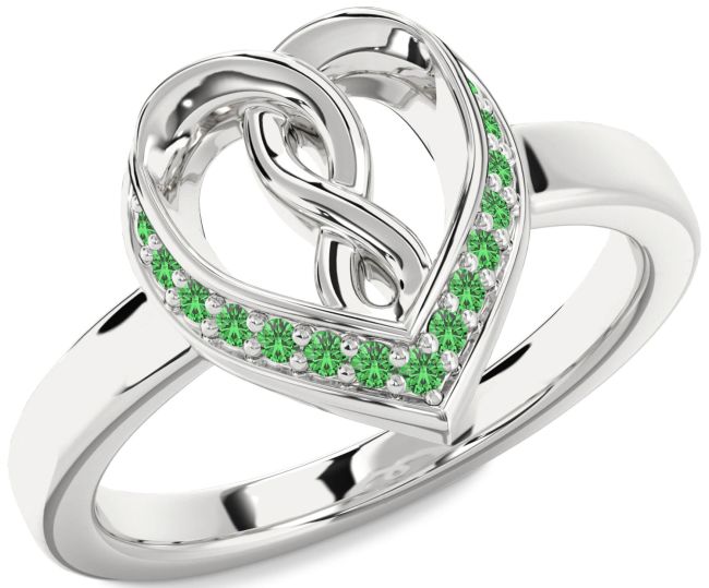 Green Sapphire Silver Heart Infinity Ring