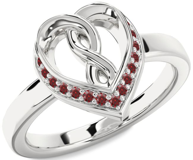 Garnet Silver Heart Infinity Ring