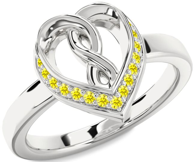 Yellow Sapphire Silver Heart Infinity Ring
