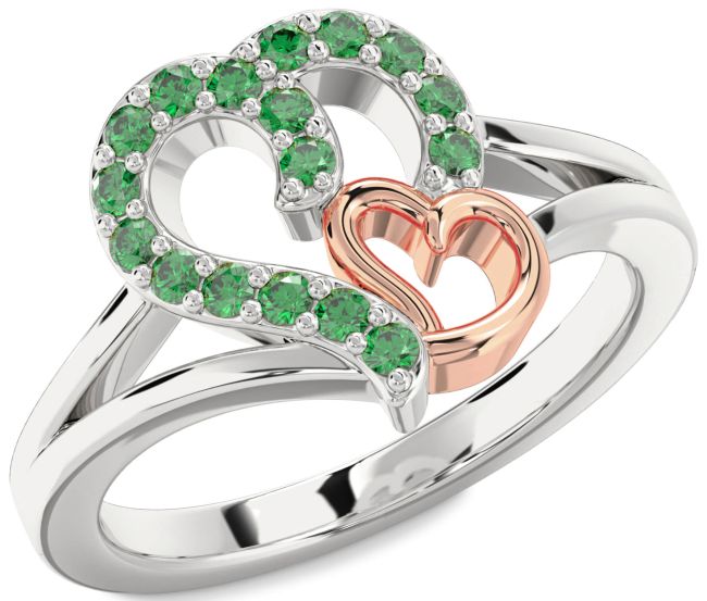 Emerald Rose Gold Silver Heart Ring