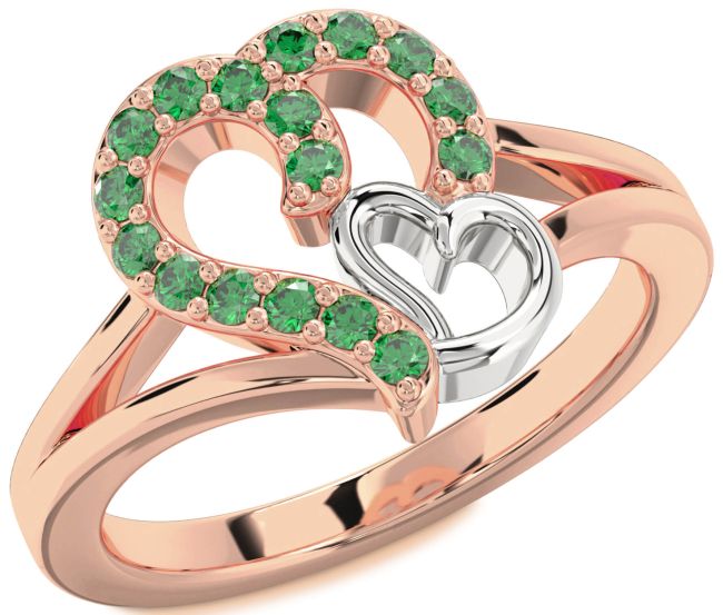 Emerald Rose Gold Silver Heart Ring