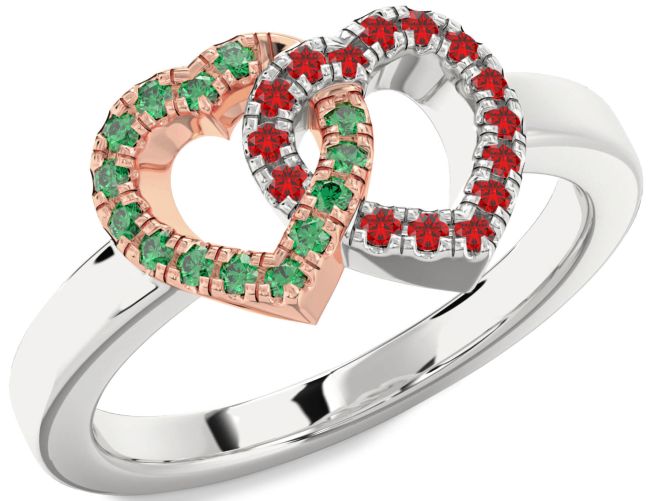 Emerald & Ruby White Rose Gold Heart Promise Ring
