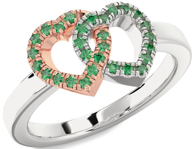 Emerald Rose Gold Silver Heart Ring