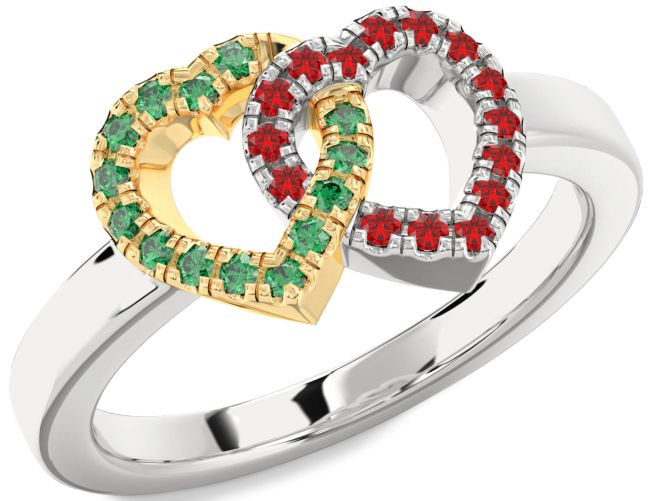 Emerald & Ruby Gold Silver Heart Promise Ring
