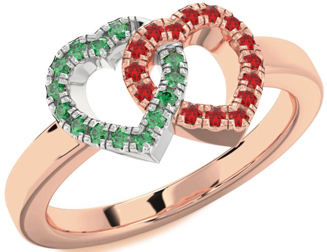 Emerald & Ruby Rose Gold Silver Heart Promise Ring