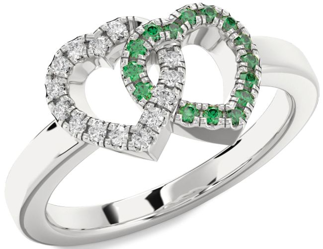Emerald & Diamond Silver Heart Promise Ring