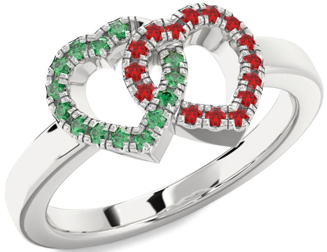 Emerald & Ruby Silver Heart Promise Ring