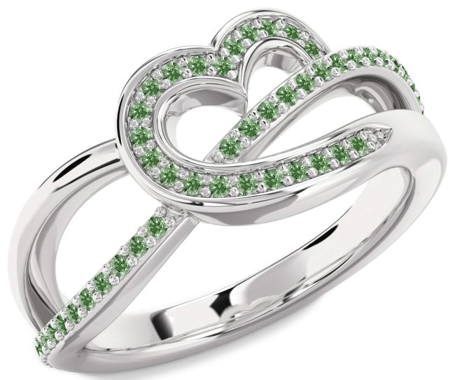 Green Diamond Silver Heart Infinity Ring