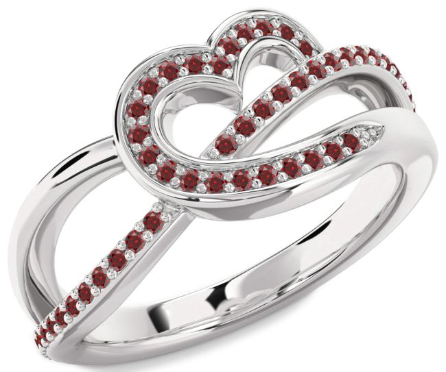 Garnet Silver Heart Infinity Ring