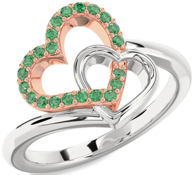 Emerald Rose Gold Silver Heart Ring