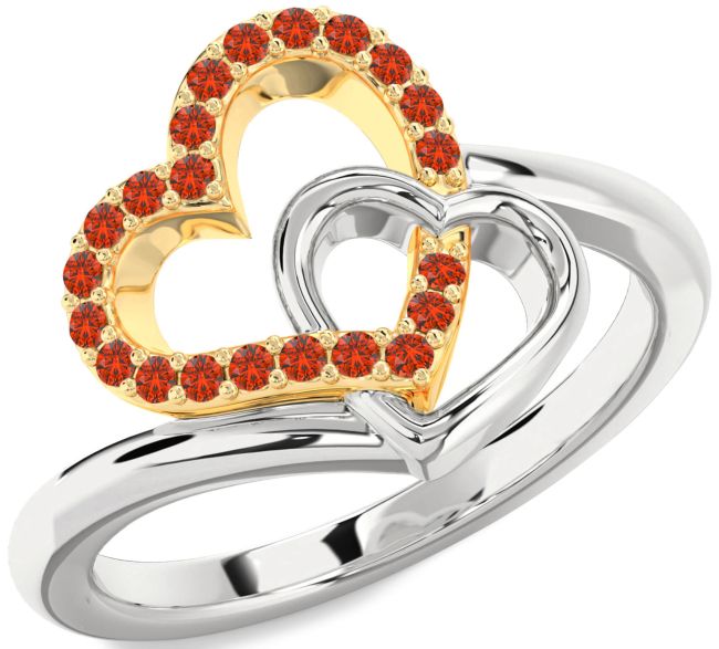 Fire Opal Gold Silver Heart Ring