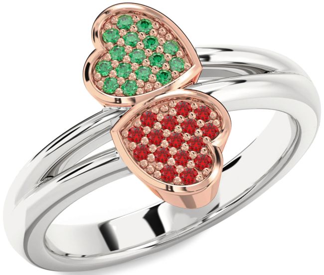 Emerald & Ruby Rose Gold Silver Heart Promise Ring