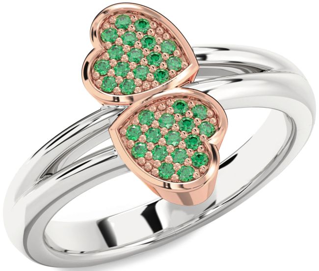 Emerald Rose Gold Silver Heart Ring