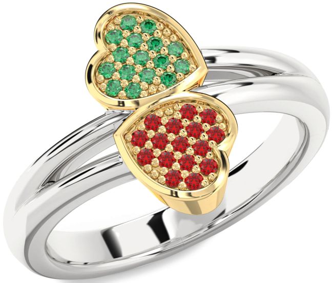 Emerald & Ruby Gold Silver Heart Promise Ring