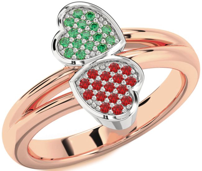 Emerald & Ruby Rose Gold Silver Heart Promise Ring