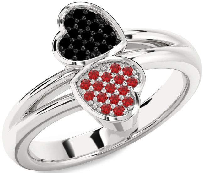 Black Diamond & Ruby Silver Heart Promise Ring