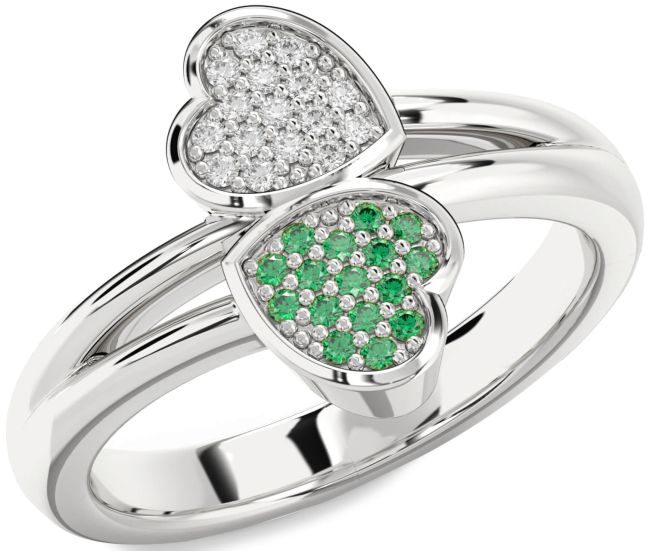 Emerald & Diamond Silver Heart Promise Ring