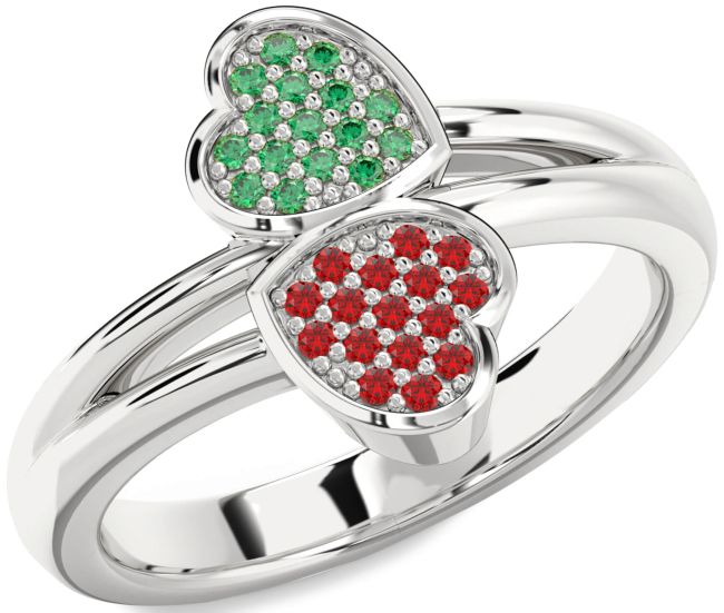 Emerald & Ruby Silver Heart Promise Ring