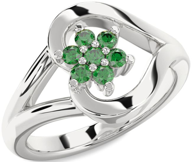 Emerald Silver Heart Flower Promise Ring