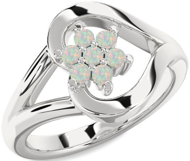 Opal Silver Heart Flower Promise Ring