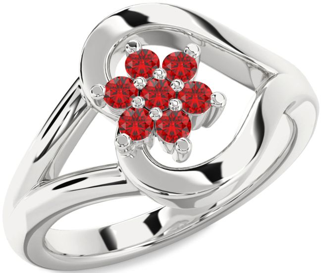 Ruby Silver Heart Flower Promise Ring