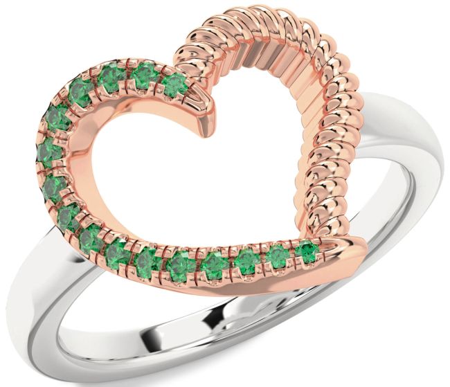 Emerald Rose Gold Silver Heart Ring