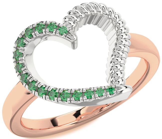 Emerald Rose Gold Silver Heart Ring