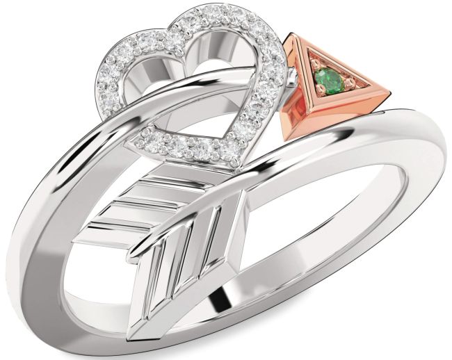 Diamond Emerald Rose Gold Silver Heart Ring