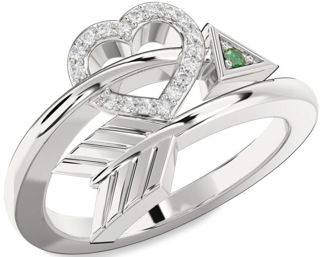 Diamond Emerald Silver Heart Ring