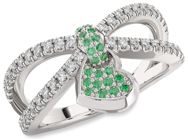 Diamond Emerald Silver Heart Lock Ring