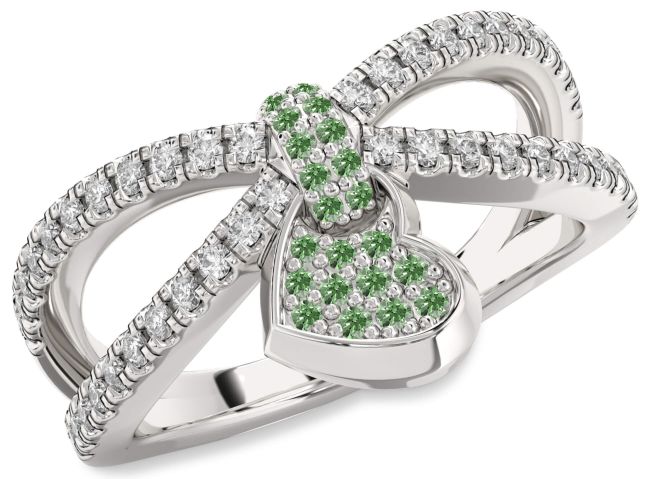 Green Diamond Silver Heart Lock Ring