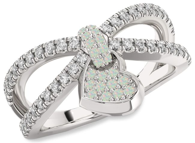 Diamond Opal Silver Heart Lock Ring