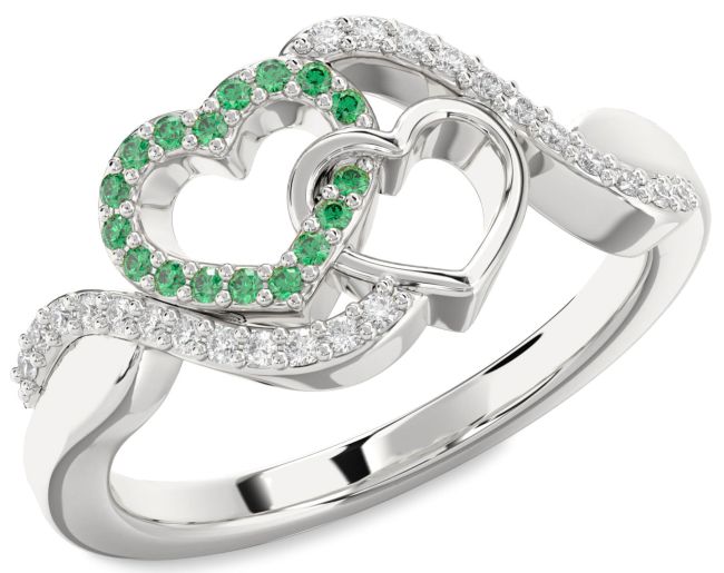 Diamond Emerald Silver Heart Ring