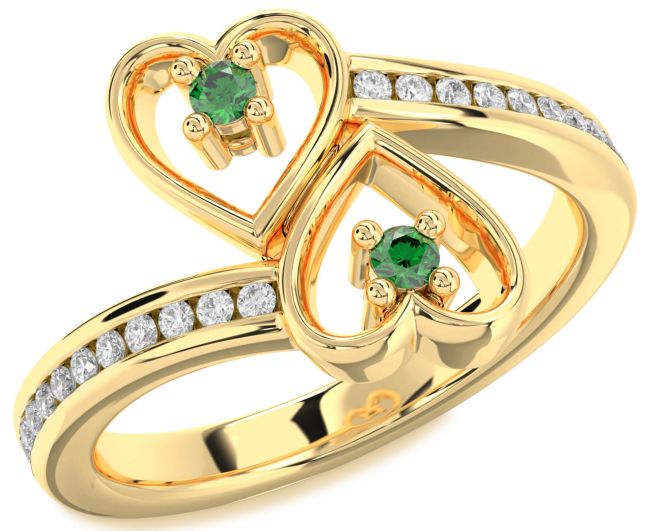 Diamond Emerald Gold Silver Heart Two Stone Birthstone Ring
