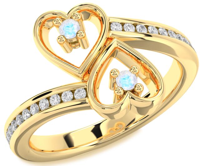 Diamond Moonstone Gold Silver Heart Two Stone Ring
