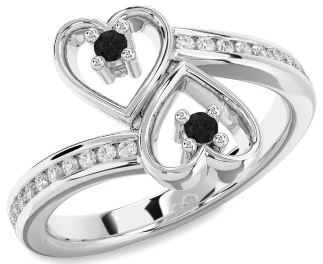 Black Diamond Platinum Heart Two Stone Ring