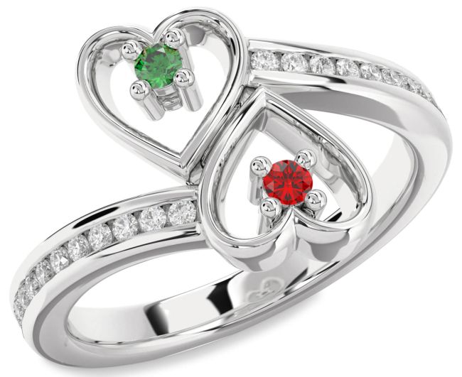 Diamond Silver Heart Two Stone Promise Ring