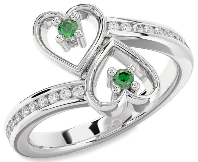 Diamond Emerald Silver Heart Two Stone Birthstone Ring