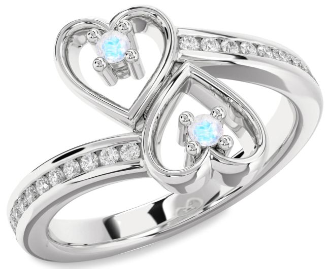 Diamond Moonstone Silver Heart Two Stone Ring