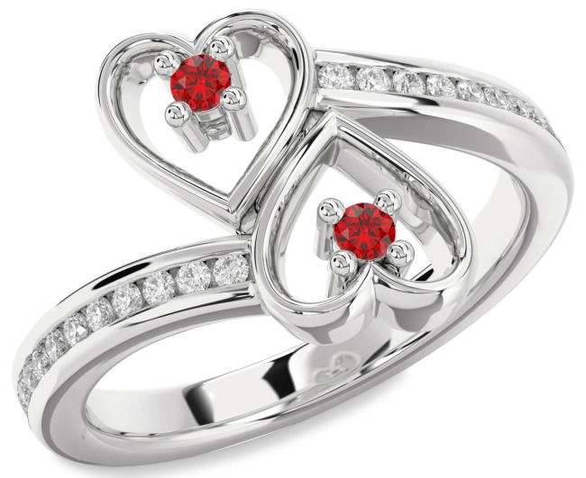 Diamond Ruby Silver Heart Two Stone Birthstone Ring