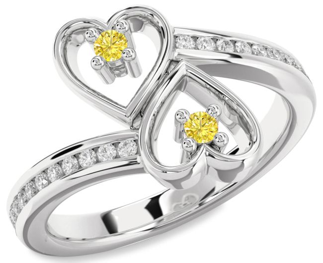 Yellow Diamond Silver Heart Two Stone Ring