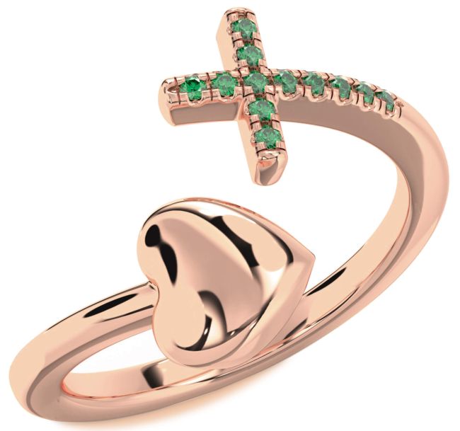 Emerald Rose Gold Heart Cross Ring
