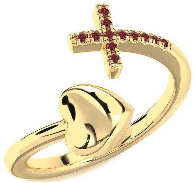 Garnet Gold Heart Cross Ring