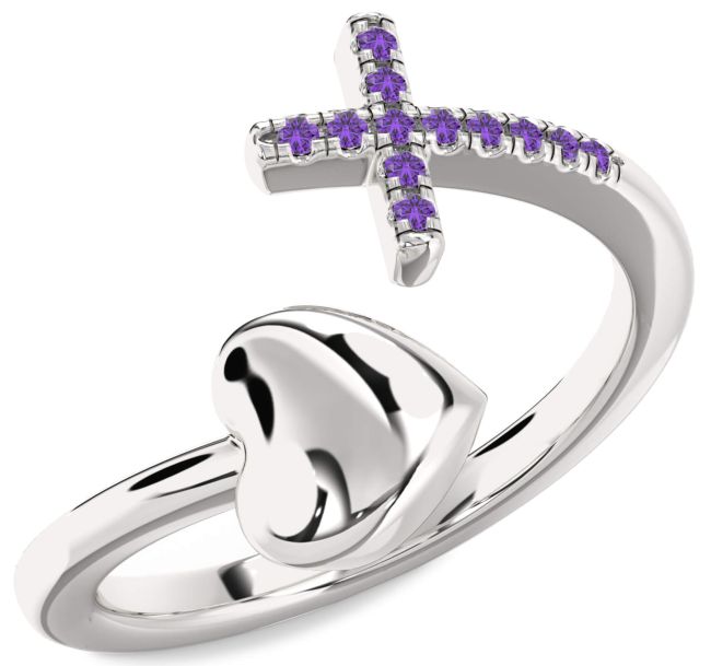 Amethyst Silver Heart Cross Ring