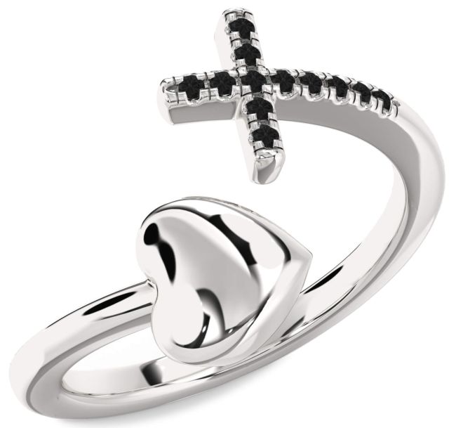 Black Diamond Silver Heart Cross Ring